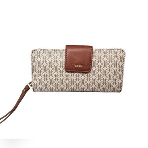 FOSSIL Brown and Cream Monogram Print Textured Wallet